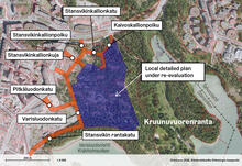 A map showing the streets being built in Kruunuvuorenranta and the area where local detailed plan is under re-evaluation