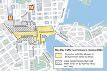 A map of the restrictions in central Helsinki on May Day Eve and May Day