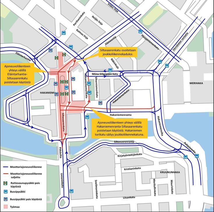 Kartta Hakaniemen liikennejärjestelyistä.