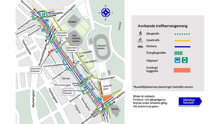 Karta. Trafikarrangemangen på Mannerheimvägen i början av september 2024.