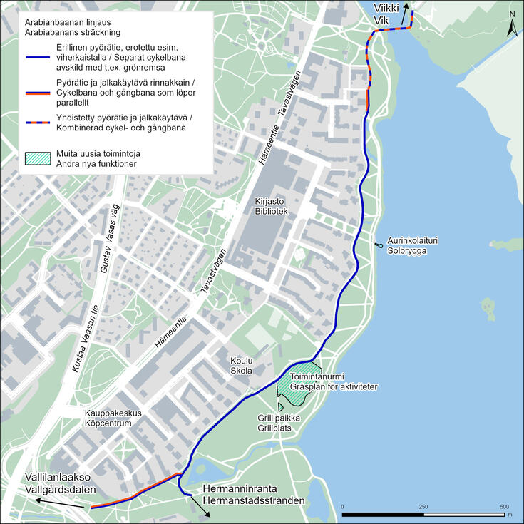 Karttakuva pyöräreitin linjauksesta puistossa.