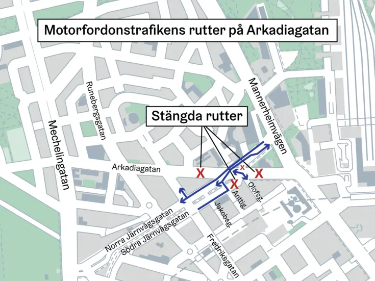 Karta över rutterna. Motorfordonstrafiken är avstängd på Arkadiagatan vid Naturhistoriska museet och Lilla parlamentet.  