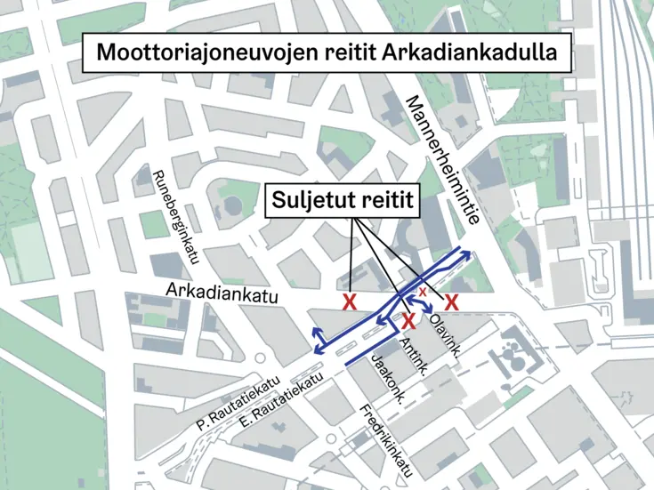   Kartta reiteistä. Moottoriajoneuvojen yhteydet ovat suljettuna Arkadiankadulla Luonnontieteellisen museon ja Pikkuparlamentin kohdalla.