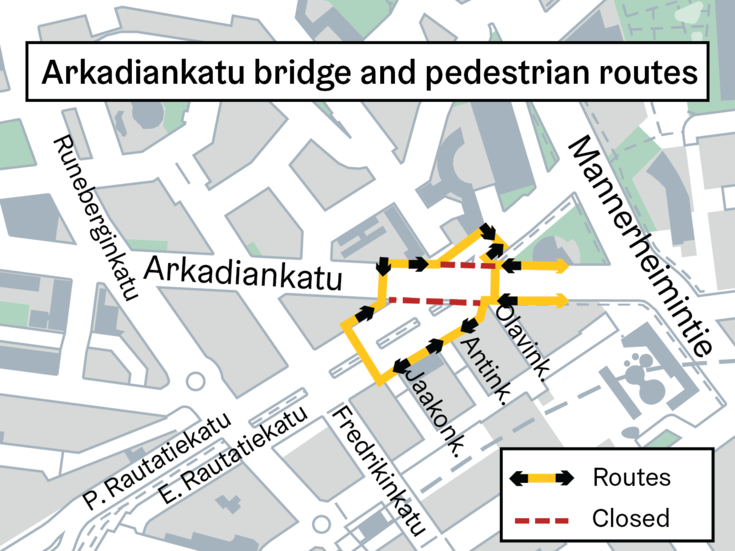 A temporary bridge for pedestrians will be built on the east side of Arkadiankatu over the Baana. 