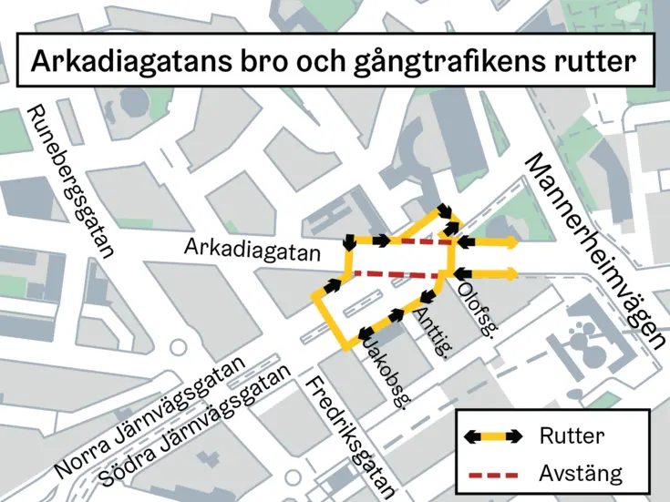 En tillfällig bro för fotgängare byggs över Banan öster om Arkadiagatan.