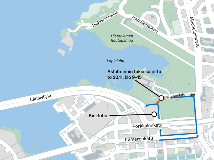 Kartta suljettavasta kohdasta 20.11. klo 9-15.