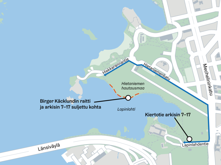 Kartta, johon merkitty Birger Käcklundin raitti.