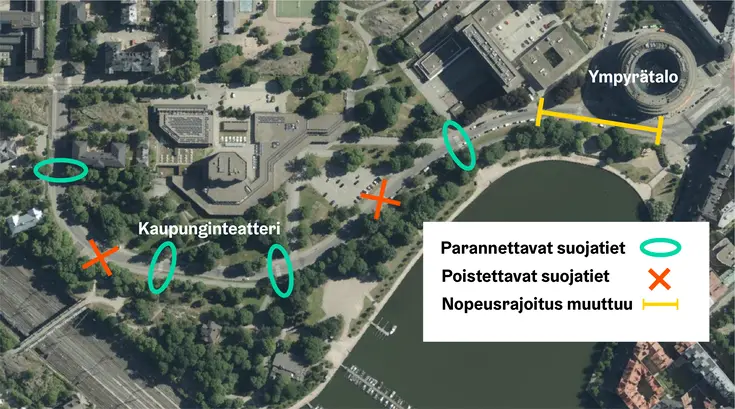 Kartalle on merkitty parannettavat suojatiet, poistettavat suojatiet ja alue, jossa nopeusrajoitus muuttuu