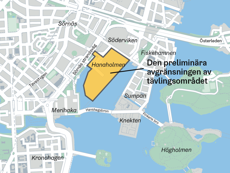 Den preliminära avgränsningen av tävlingsområdet på kartan. 