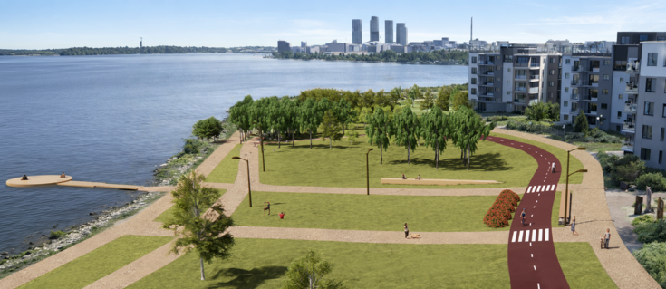 Havainnekuvassa pyöräreitti kulkee puiston läpi.