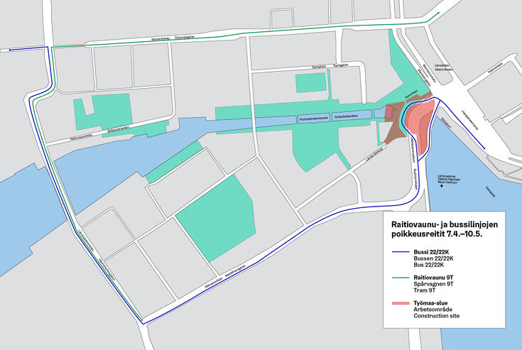 Ratikka- ja bussilinjojen poikkeusreitit ratikkakatkon ajan 7.4.–10.5.2026