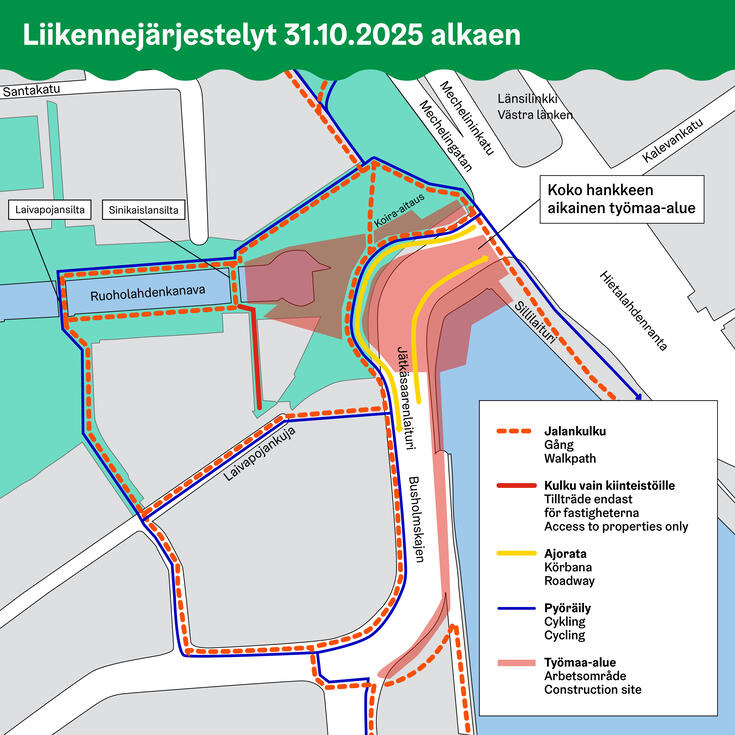 Jätkäsaaren siltaremontin reitit 31.10.2025 alkaen