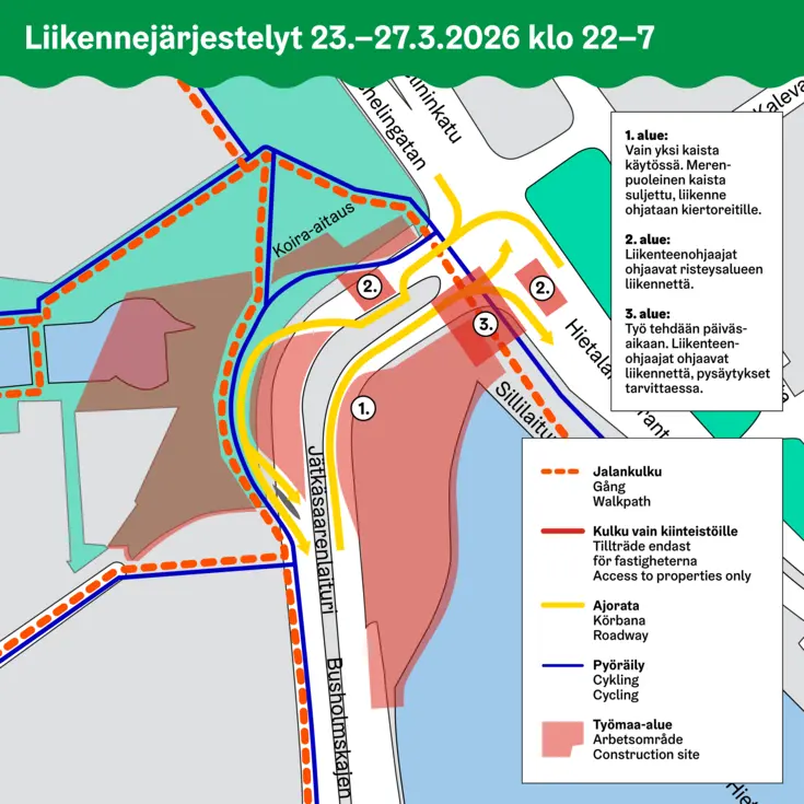 Katso karttakuvasta, miten työt vaikuttavat liikenteeseen.