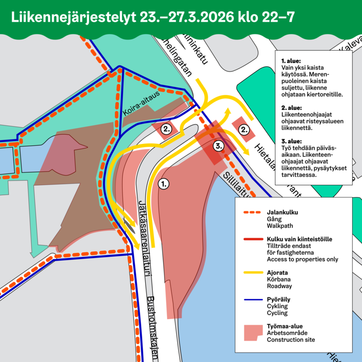 Katso karttakuvasta, miten työt vaikuttavat liikenteeseen.