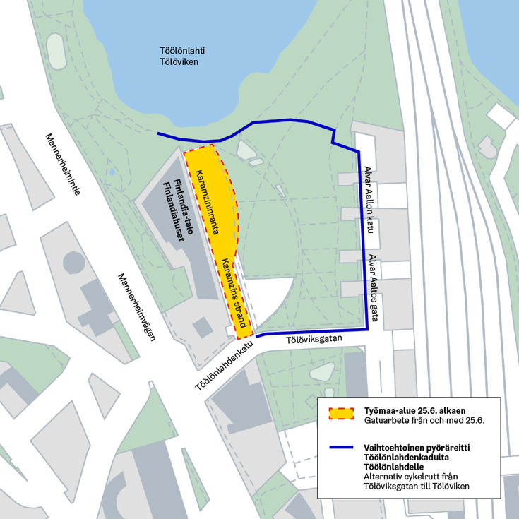 Kartta Karamzininrannan pyörätiemuutoksista