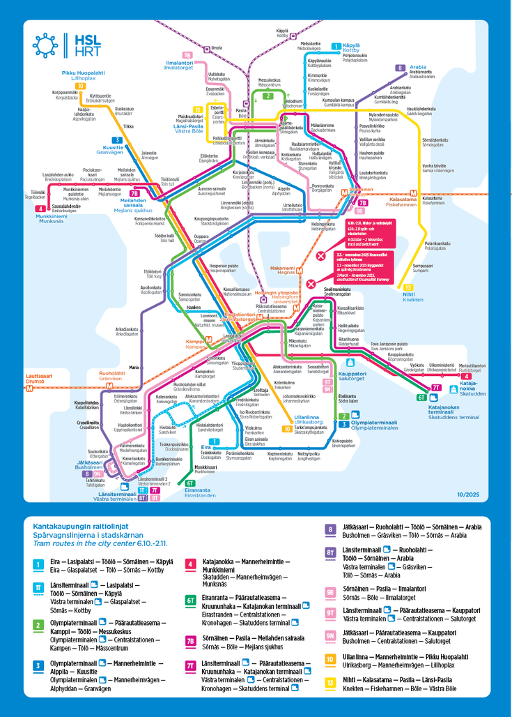Helsingin keskustan ratikkakartta.