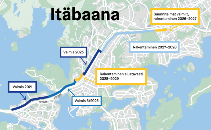 Kartta Itäbaanan rakentamisen vaiheista 2025.