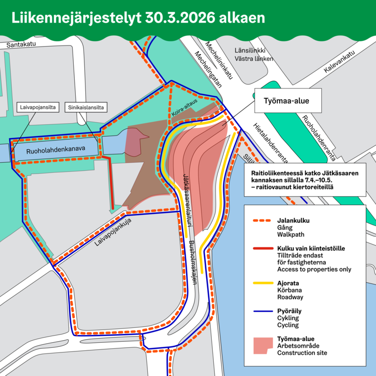 Karttakuva liikennejärjestelyistä Jätkäsaaren kannaksen sillalla 30.3.2026 alkaen