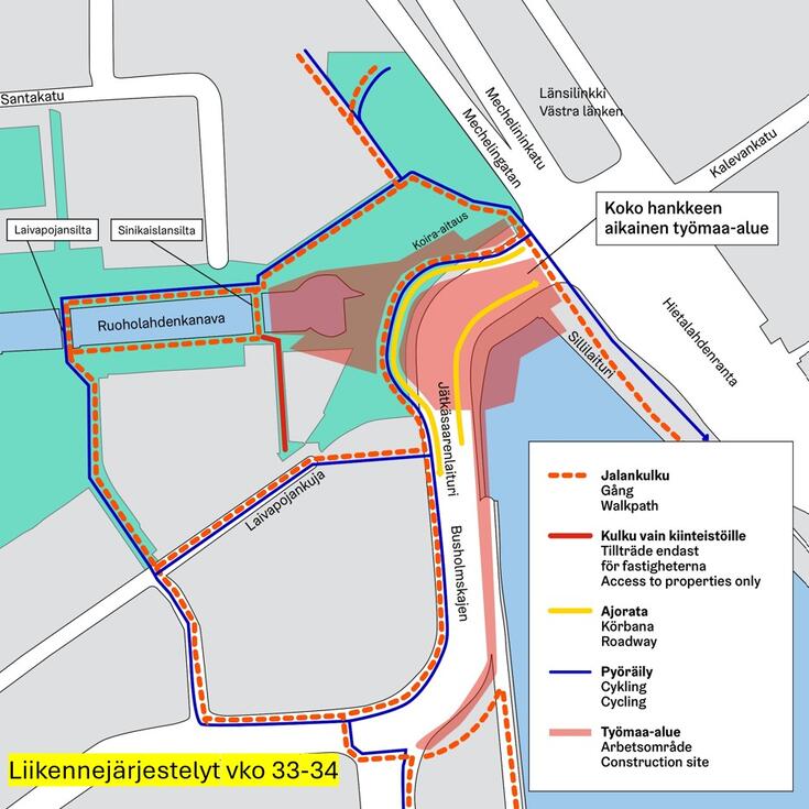 Jätkäsaaren sillan liikennejärjestelyt alkaen viikko 33-34