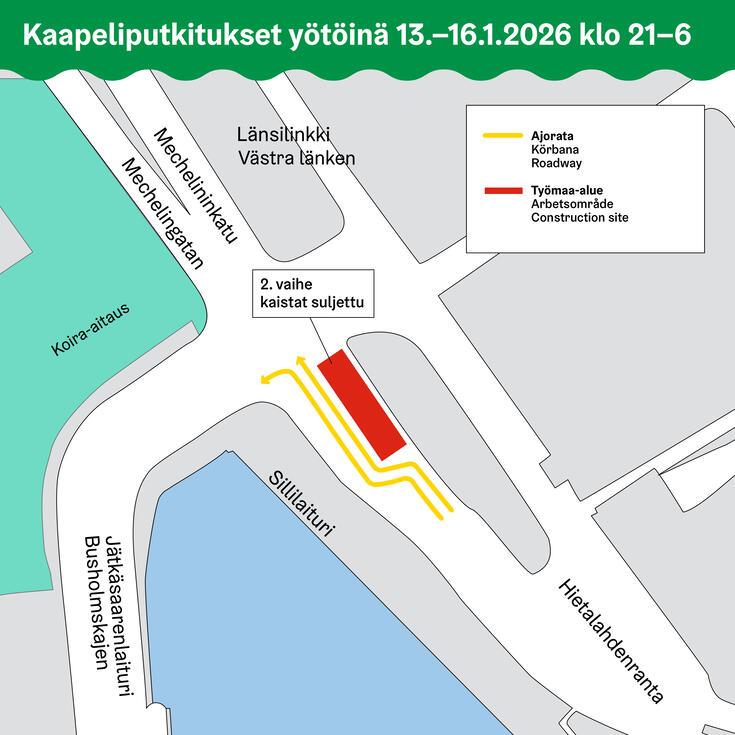 Karttakuva kaapeliputkitustöiden työalueesta vaiheessa 2.