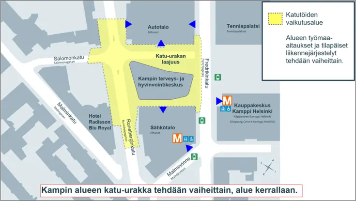 Kartta katutöiden vaikutusalueesta.
