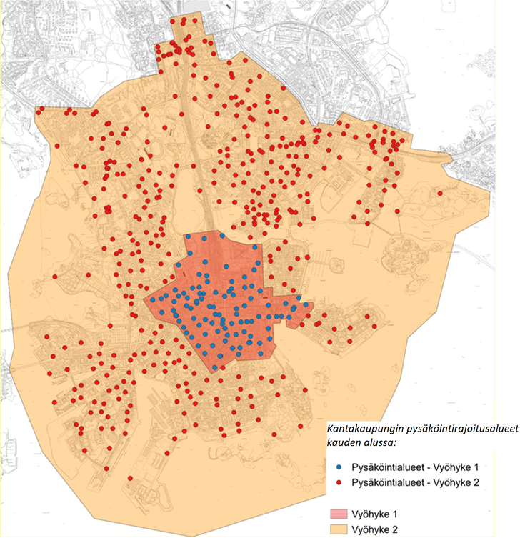 Kartta, johon on merkitty sähköpotkulautojen rajoitusalue ja pysäköintipaikat.