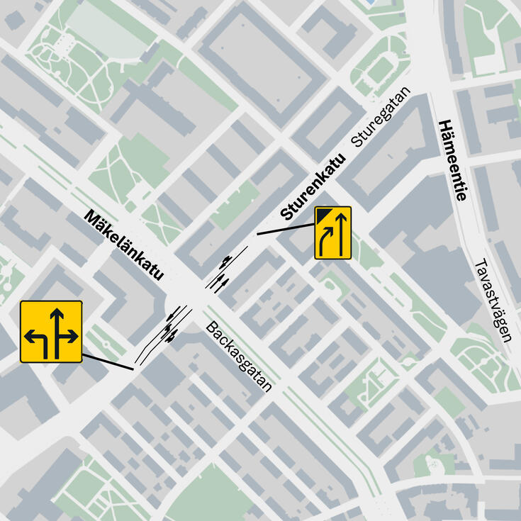 Kartta Sturenkadun ja Mäkelänkadun risteysalueen kaistamuutoksista