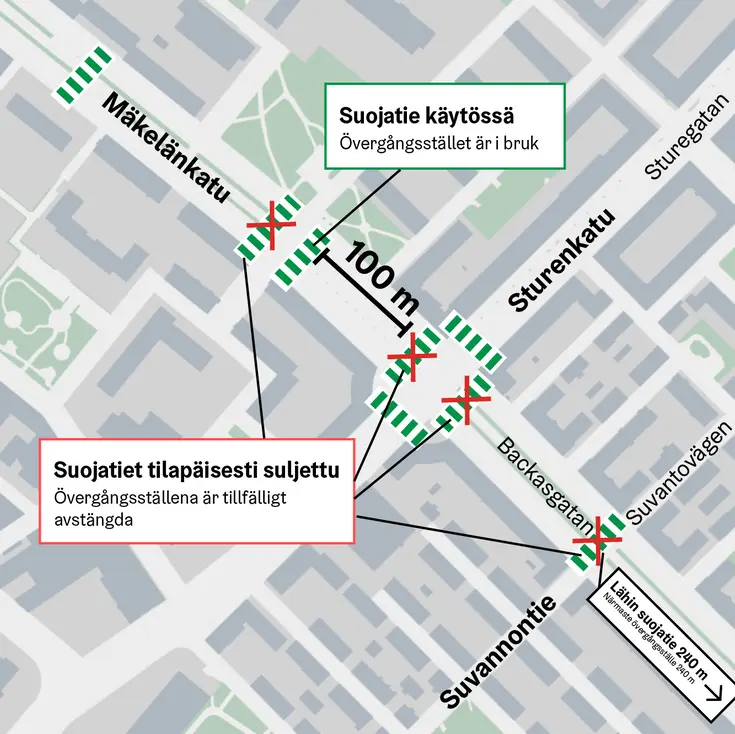 Kartta Sturenkadun ja Mäkelänkadun risteysalueen suojatiemuutoksista
