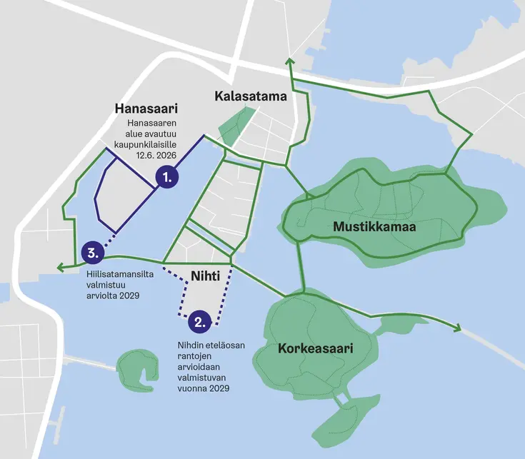 Kartta ulkoilureisteistä kalasataman ympäristössä.