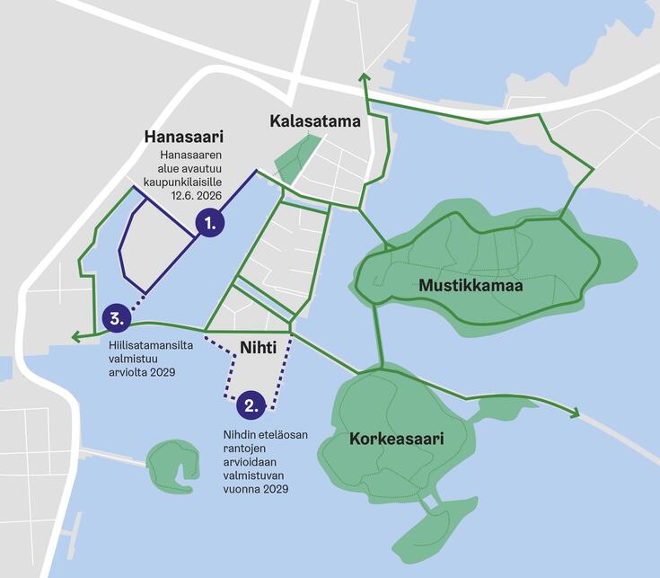 Kartta ulkoilureisteistä kalasataman ympäristössä.