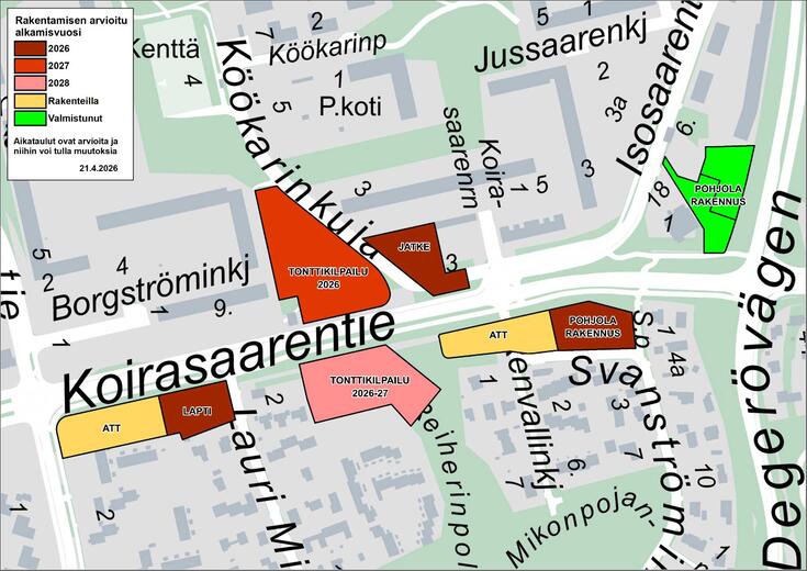 Karttakuva alkavista rakennushankkeista.