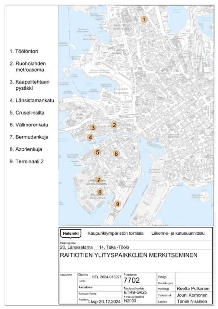 Kartta, johon merkitty toteutettavat ylityspaikat.
