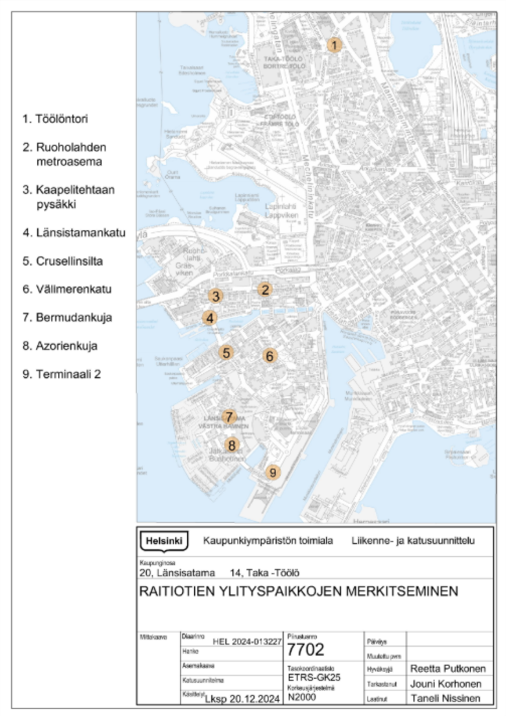 Kartta, johon merkitty toteutettavat ylityspaikat.