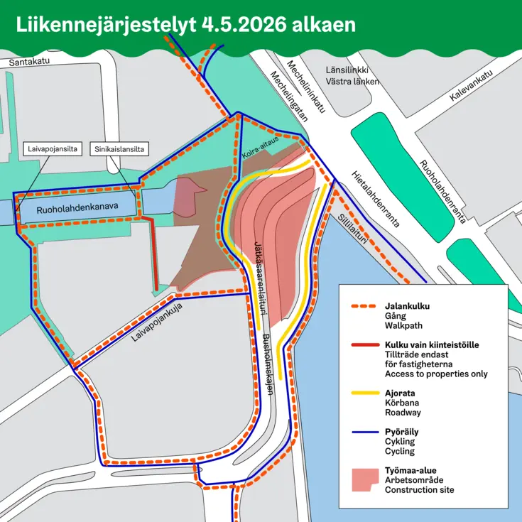 Karttakuva liikennejärjestelyistä Jätkäsaaren sillalla 4.5.2026 alkaen