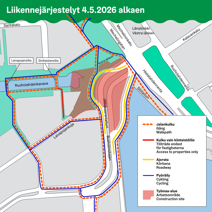 Karttakuva liikennejärjestelyistä Jätkäsaaren sillalla 4.5.2026 alkaen