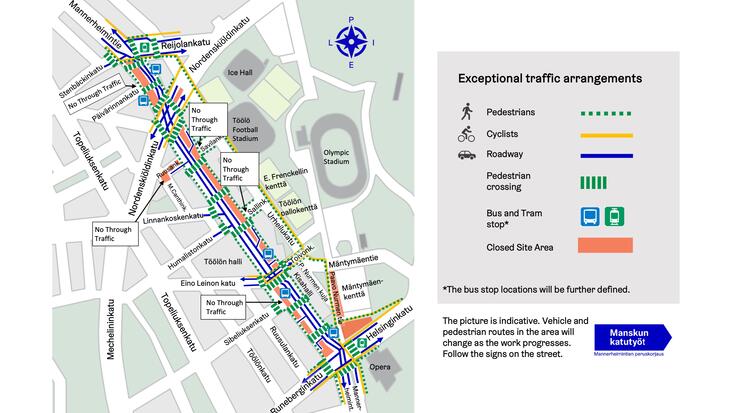 Map. Traffic arrangements on Mannerheimintie at the beginning of September 2024.