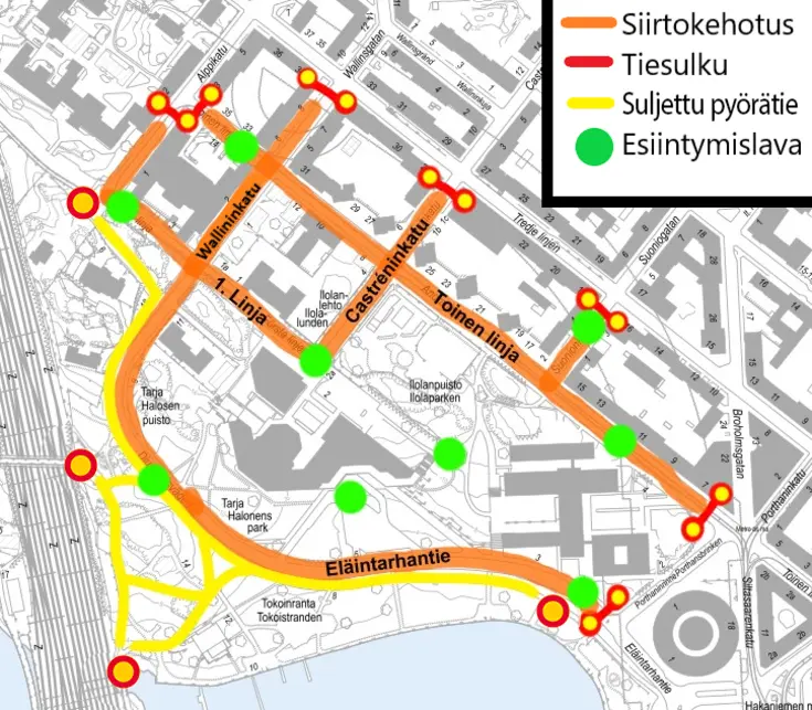 Liikennejärjestelyt kartalla.