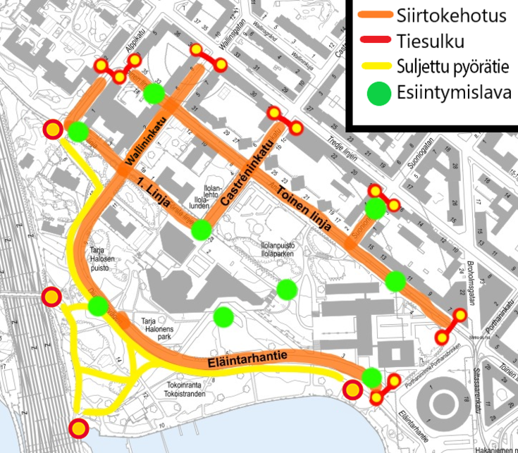 Liikennejärjestelyt kartalla.