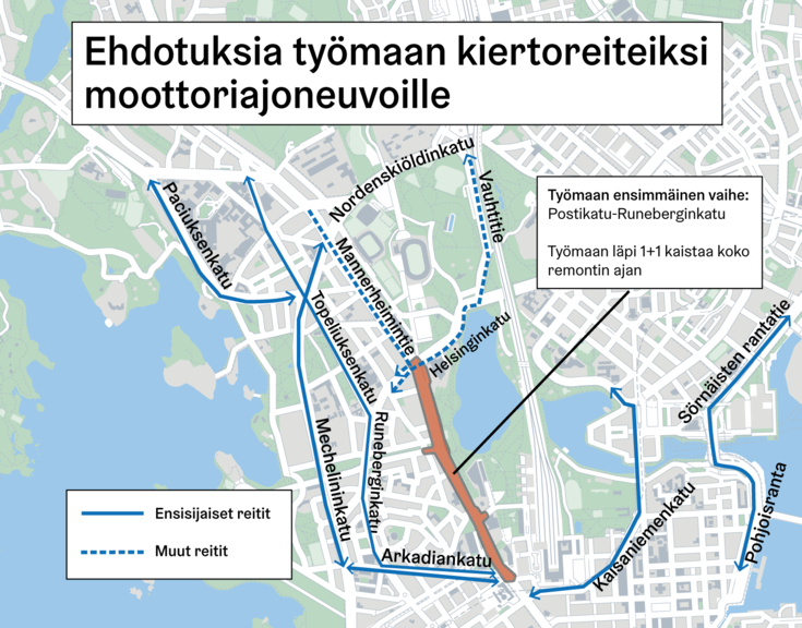 Kartalla esitetty kiertoreittejä moottoriajoneuvoille.