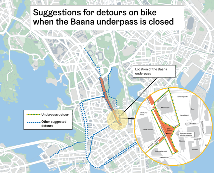 Suggestions for detours on bike when the Baana underpass is closed.