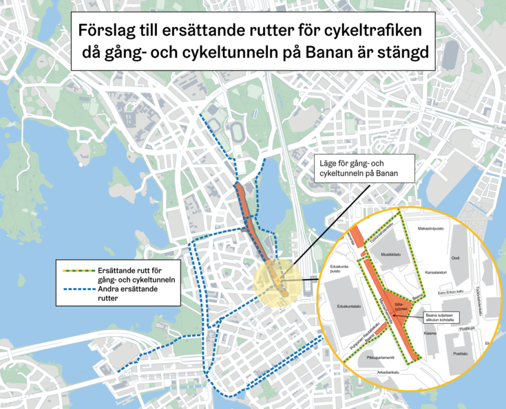 Förslag till ersättande rutter för cykeltrafiken då gång- och cykeltunneln på Banan är stängd.