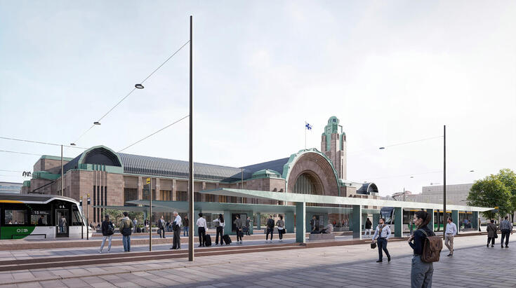 Havainnekuva ihmisistä katualueella ja raitiovaunupysäkeillä rautatieaseman edessä.