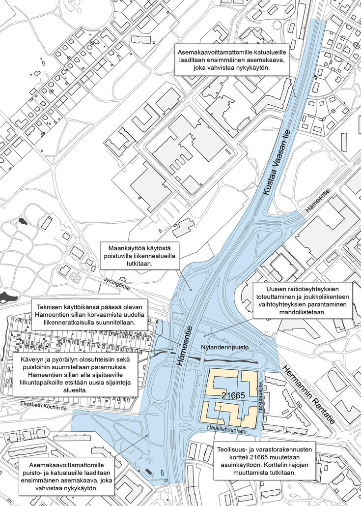 Karttakuva, jossa esitetään muutettavat kohdat suunnittelualueella.