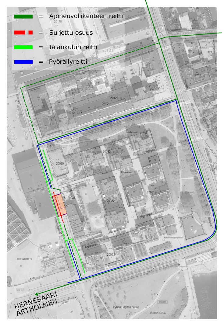 Työmaan aiheuttamat poikkeusliikennejärjestelyt kartalla.