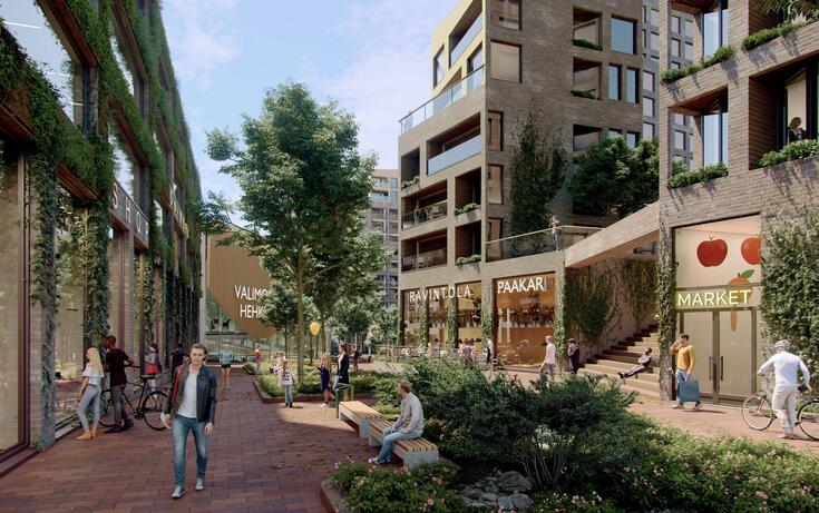 Digitaalisesti tehty havainnakuva kaupunkikortteleista, joiden kivijalassa on liiketiloja.