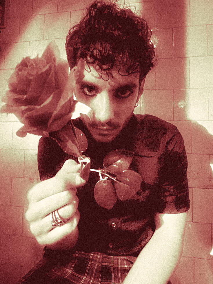 A man looks at the camera and holds a rose in a blurry, stylized close-up.