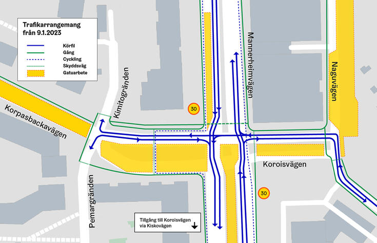 Trafikarrangemangen på Mannerheimvägen ändras från 9.1.2023.