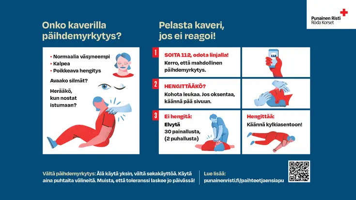 Ensiapuohje: Onko kaverilla päihdemyrkytys? Pelasta kaveri, jos ei reagoi! Normaalia väsyneempi? Kalpea? Poikkeava hengitys? Avaako silmät? Herääkö, kun nostat istumaan? Pelasta kaveri, jos hän ei reagoi! 1. SOITA 112, odota linjalla! Kerro, että mahdollinen päihdemyrkytys. 2. HENGITTÄÄKÖ? Kohota leukaa. Jos oksentaa, käännä pää sivuun. 3. Ei hengitä: Elvytä 30 painallusta (2 puhallusta). Hengittää: Käännä kylkiasentoon.