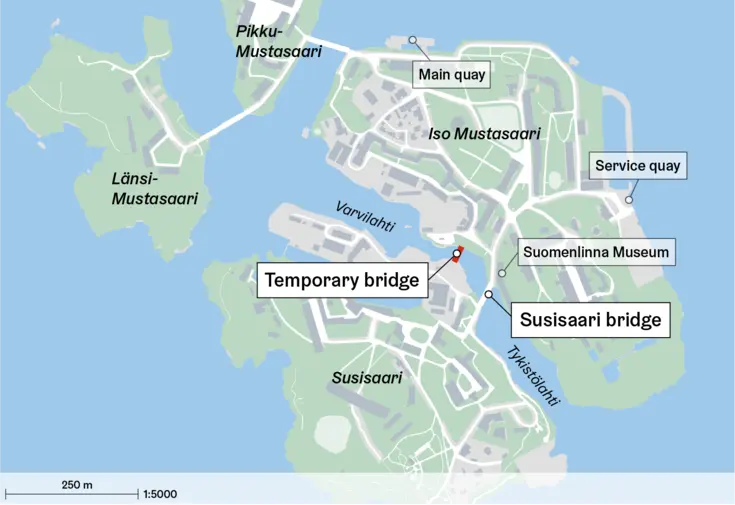 Temporary bridge and the susisaari bridge marked on a map