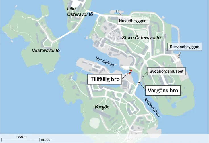 Tillfällig bro och Vargöns bro på kartan